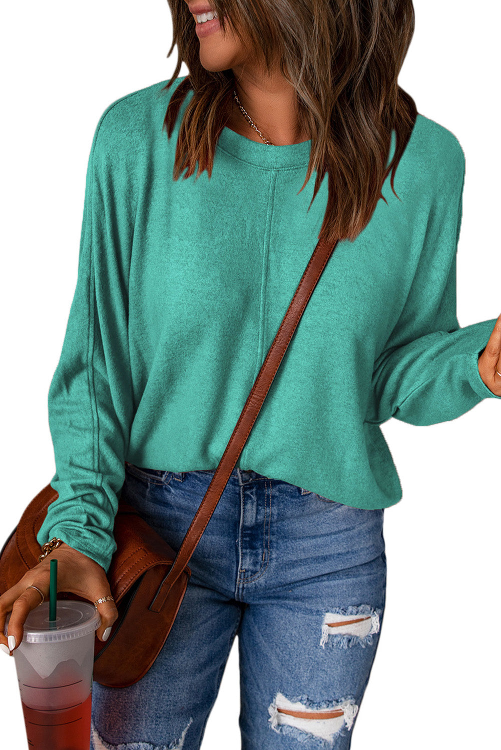 Green Solid Color Patchwork Long Sleeve Top Long Sleeve Tops JT's Designer Fashion