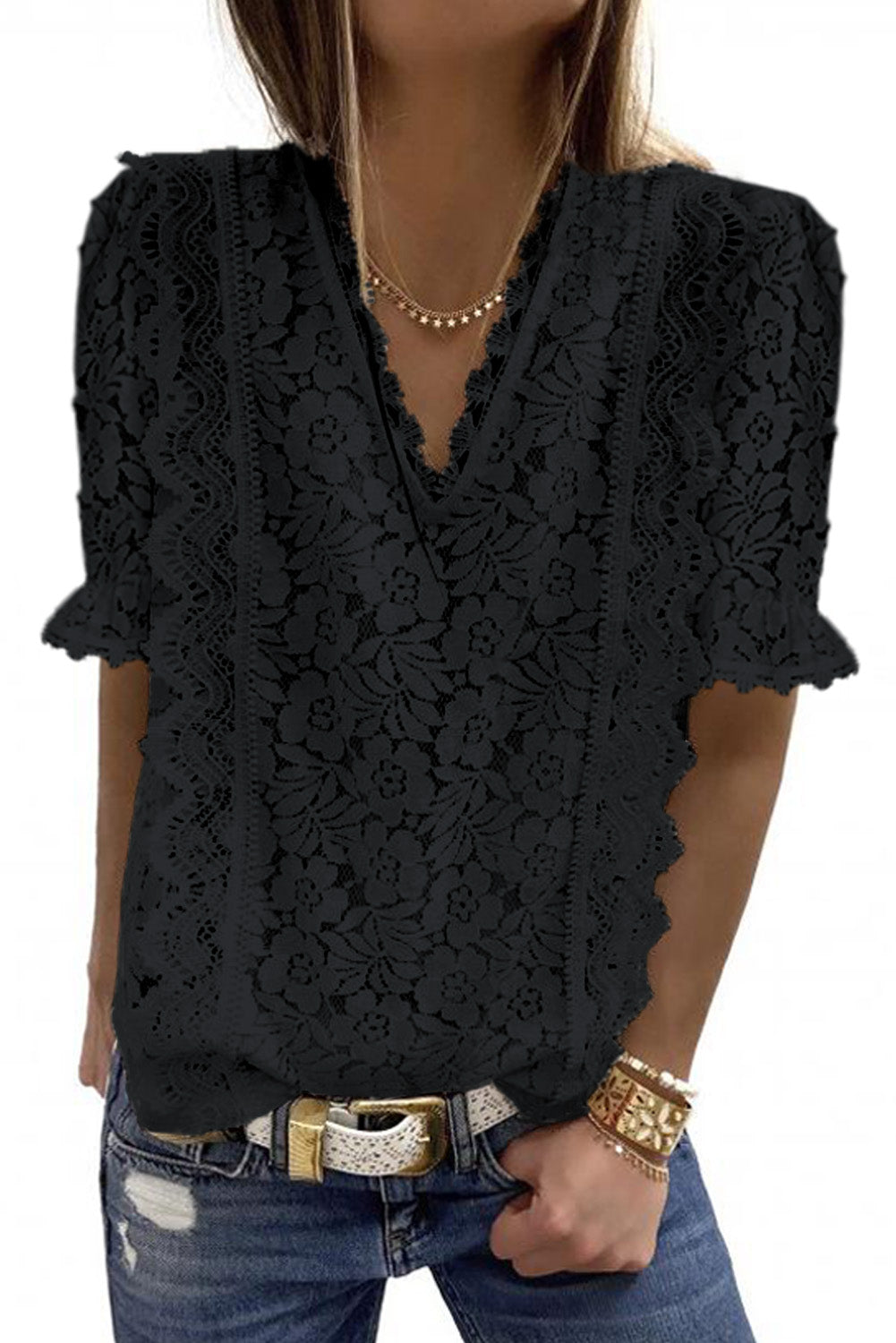 Black V Neck Lace Short Sleeve Top Tops & Tees JT's Designer Fashion