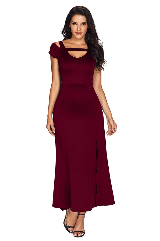 Burgundy Cold Shoulder Front Slit Flare Maxi Dress Burgandy 95%Polyester+5%Spandex Maxi Dresses JT's Designer Fashion