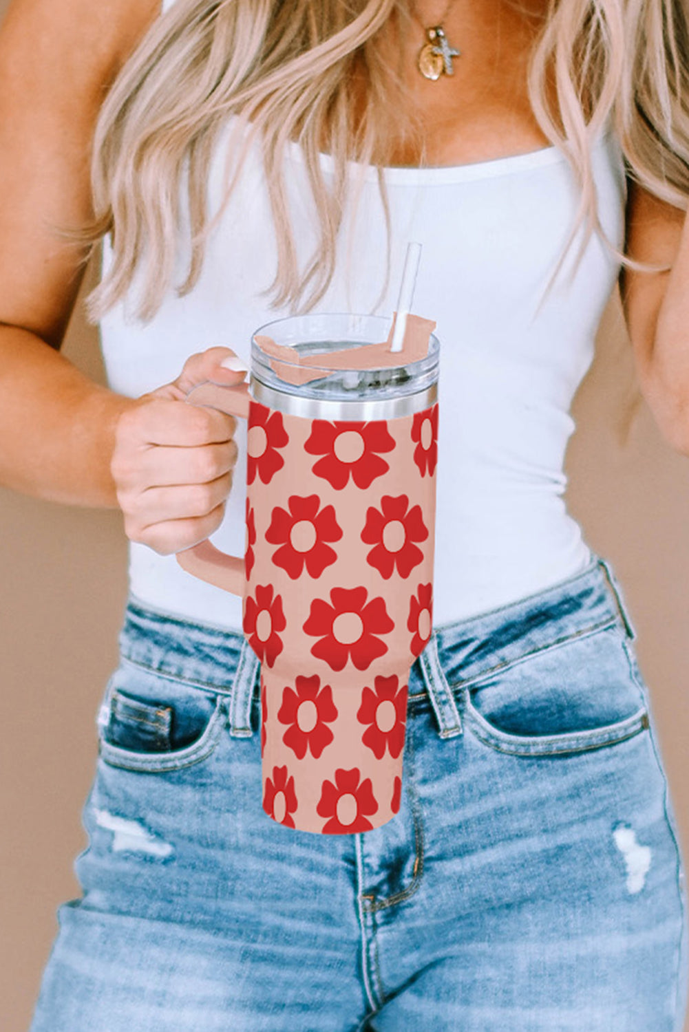 Red Flower Print Stainless Steel Water Bottle with Handle Tumblers JT's Designer Fashion