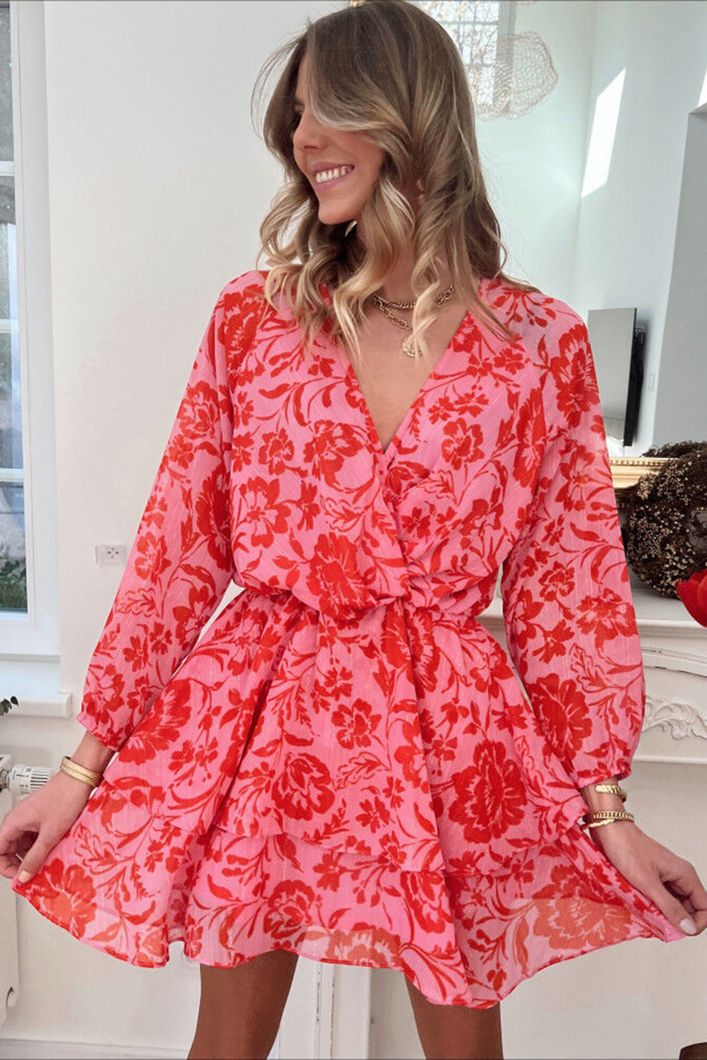 Red Floral Ruffle Layered Puff Sleeve Surplice Dress Dresses JT's Designer Fashion