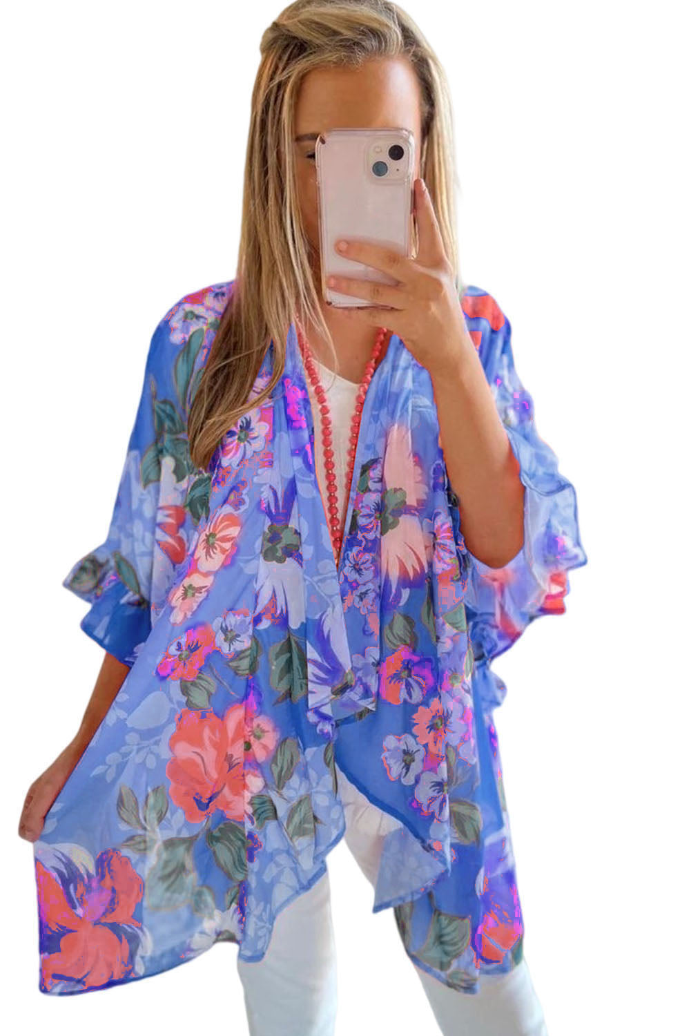 Sky Blue Floral Print Ruffled 3/4 Sleeve Loose Fit Kimono Kimonos JT's Designer Fashion