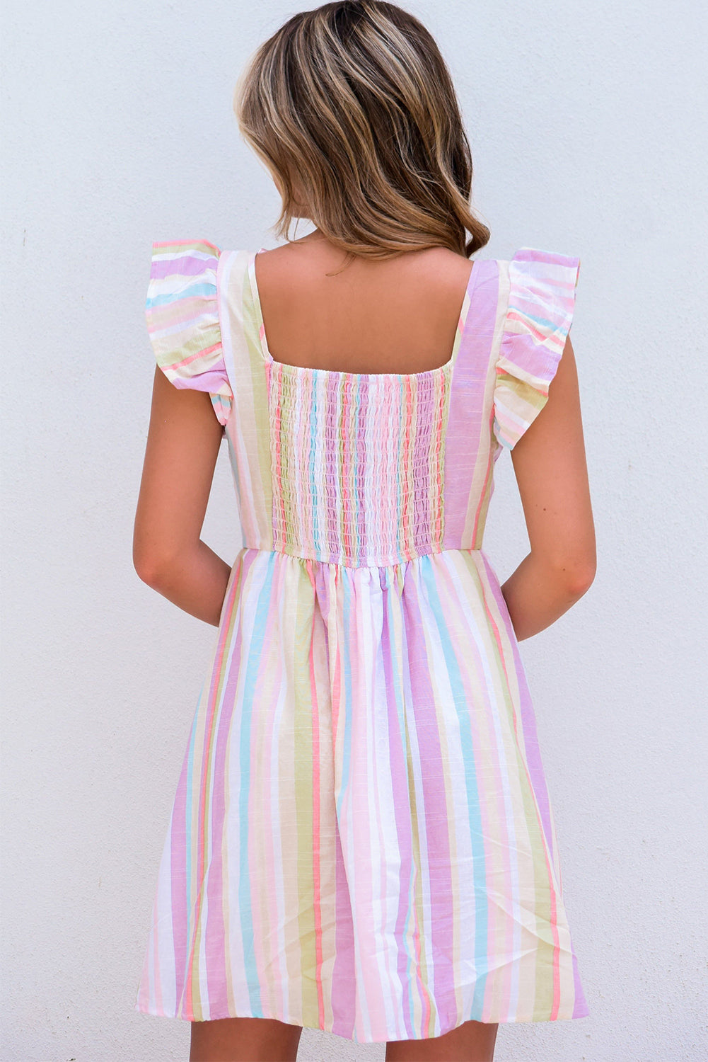 Pink Striped Button Sweetheart Flutter Sleeve Dress Mini Dresses JT's Designer Fashion