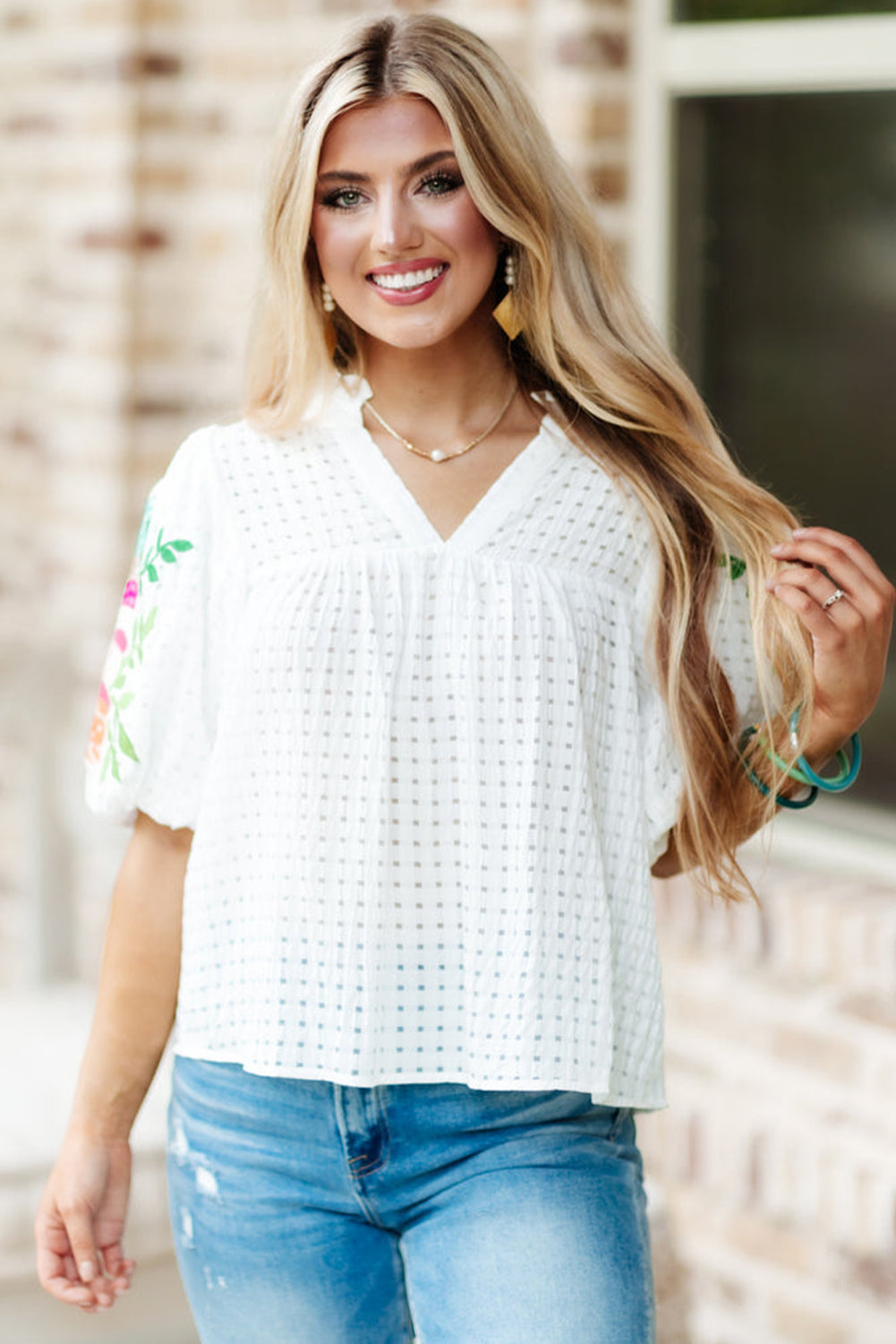 White Floral Embroidered Puff Sleeve Notched Neck Blouse Tops & Tees JT's Designer Fashion