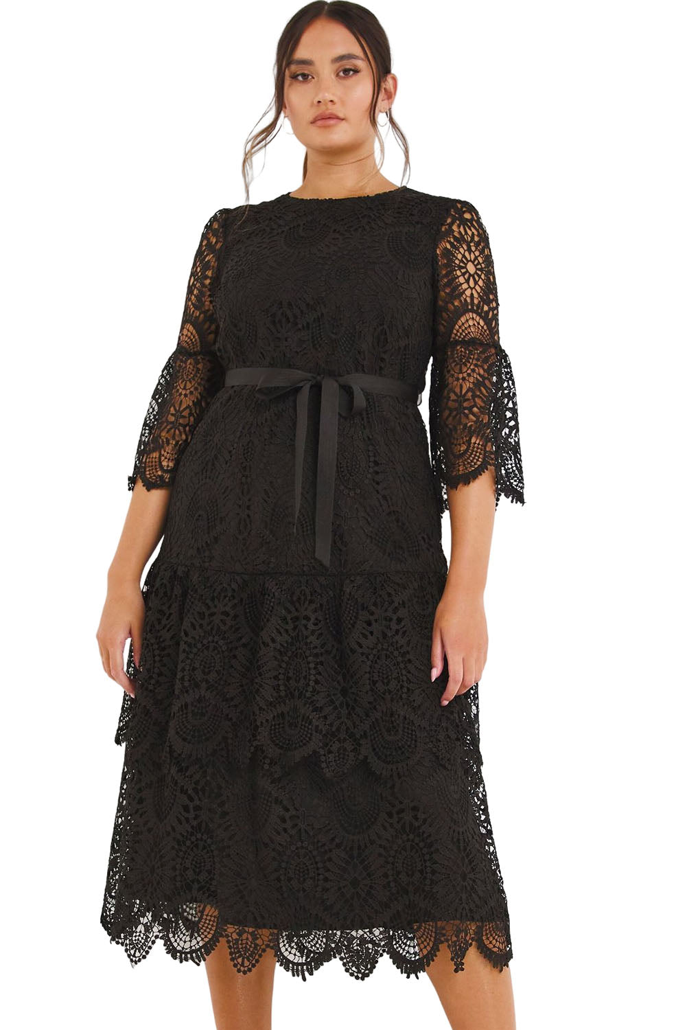 Black Plus Size 3/4 Sleeves Lace Lined Midi Dress with Belt Plus Size JT's Designer Fashion