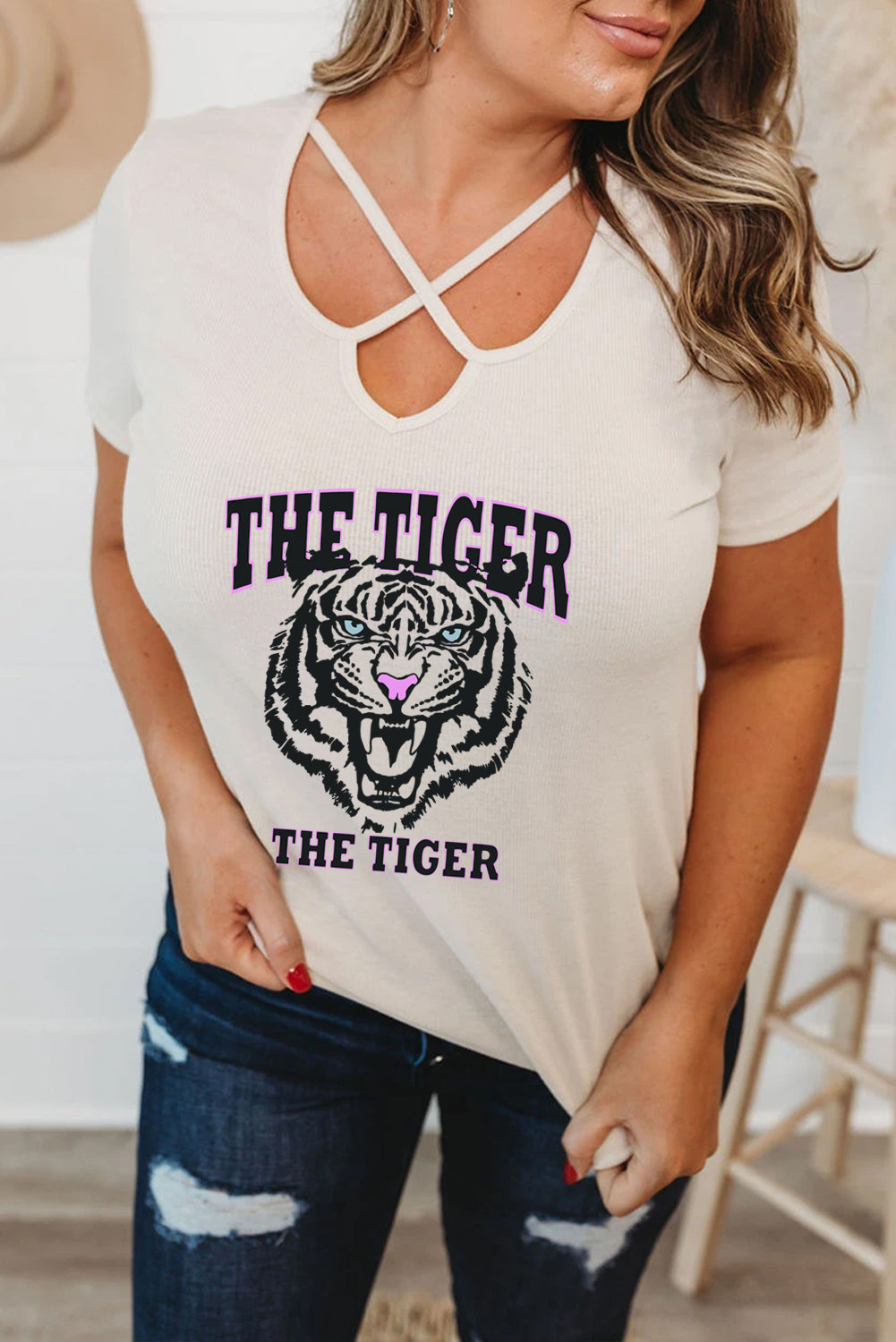 White White White The Tiger Animal Print Criss Cross Short Sleeve Plus Size Tee White 97%Viscose+3%Elastane Graphic Tees JT's Designer Fashion