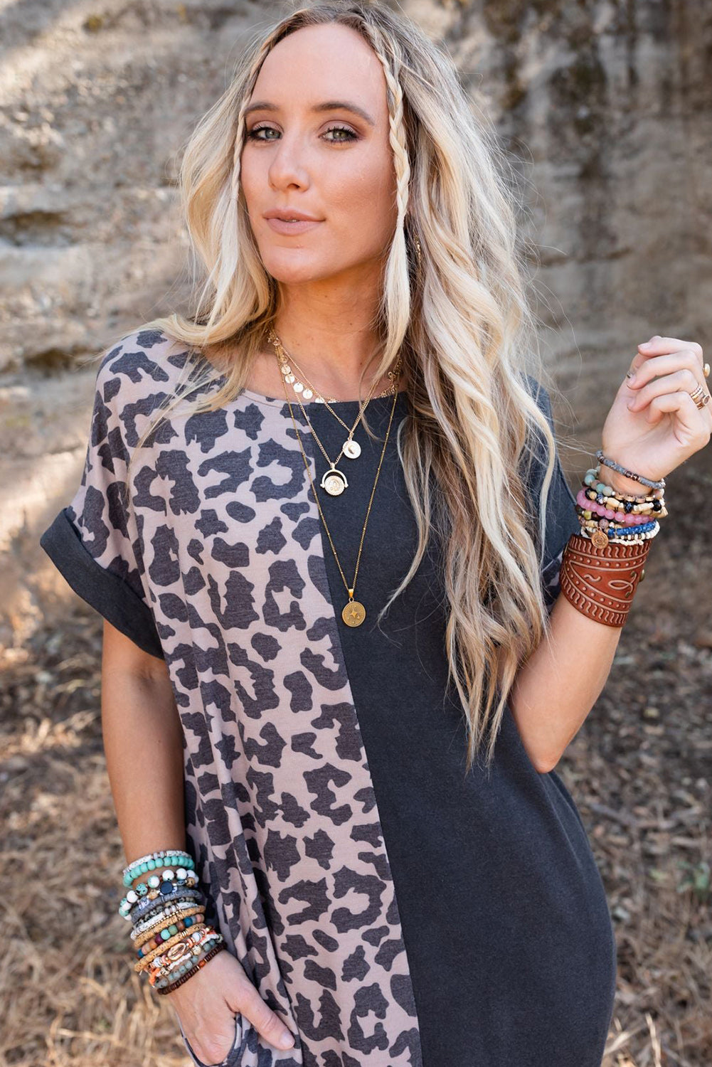 Black Contrast Solid Leopard Short Sleeve T-shirt Dress with Slits T Shirt Dresses JT's Designer Fashion