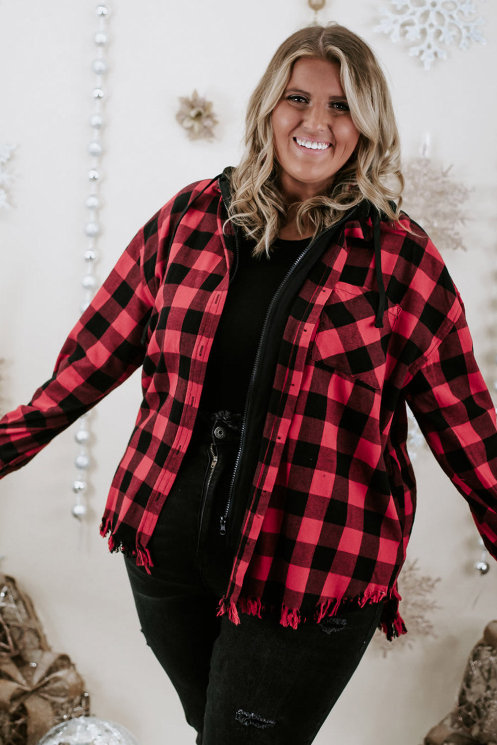 Ruby Plus Size Plaid Hooded Distressed Zip-Up Jacket Plus Size JT's Designer Fashion