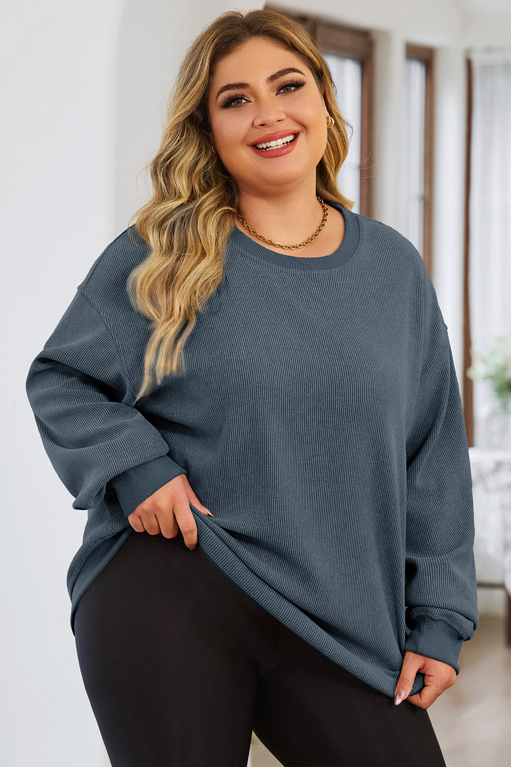 Blue Plus Size Corded Round Neck Sweatshirt Plus Size JT's Designer Fashion