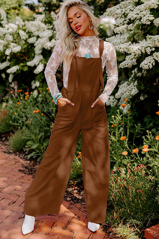 Chestnut Tie Straps Wide Leg Denim Overalls Bottoms JT's Designer Fashion