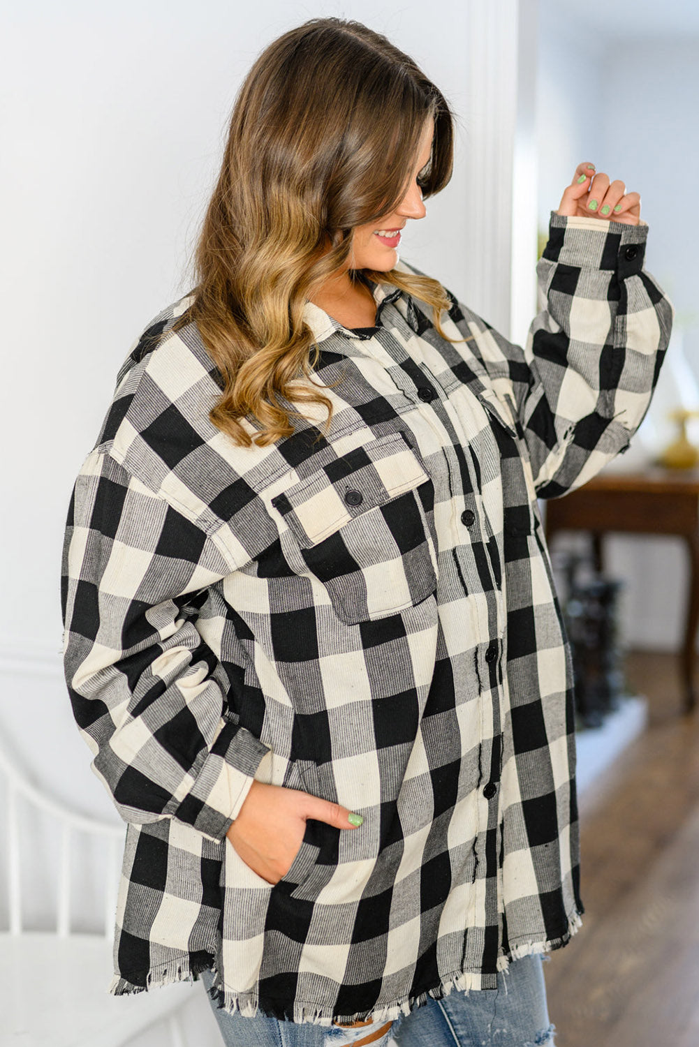 Black Plaid Elbow Patch Raw Hem Plus Size Shacket Plus Size JT's Designer Fashion