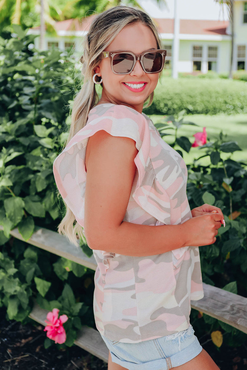 White Camo Print Ruffle Trim Tank Top Tank Tops JT's Designer Fashion