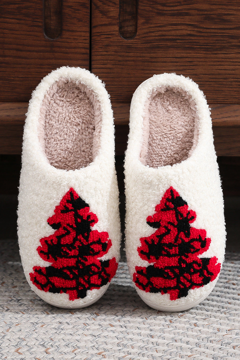 White Fuzzy Tree Pattern Christmas Fashion Home Slippers Slippers JT's Designer Fashion