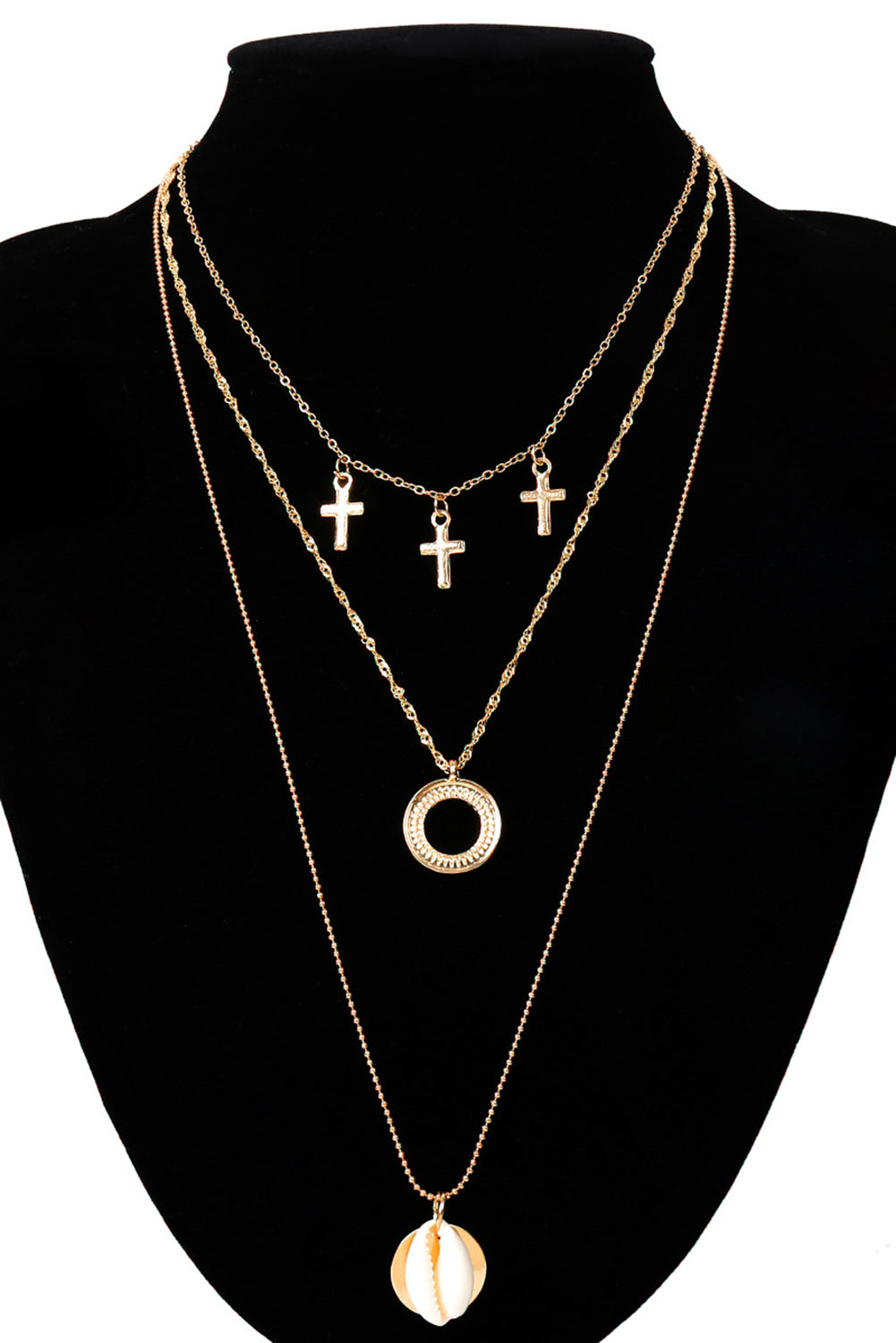 Gold Cross Loop Shell Multi-layered Pendant Necklace Jewelry JT's Designer Fashion