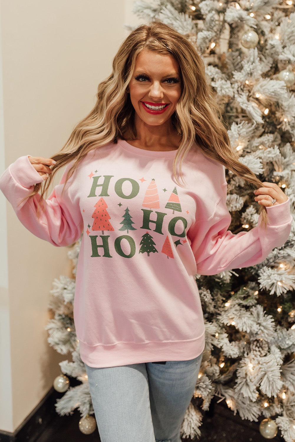 Pink Christmas Tree HO Graphic Pullover Sweatshirt Graphic Sweatshirts JT's Designer Fashion