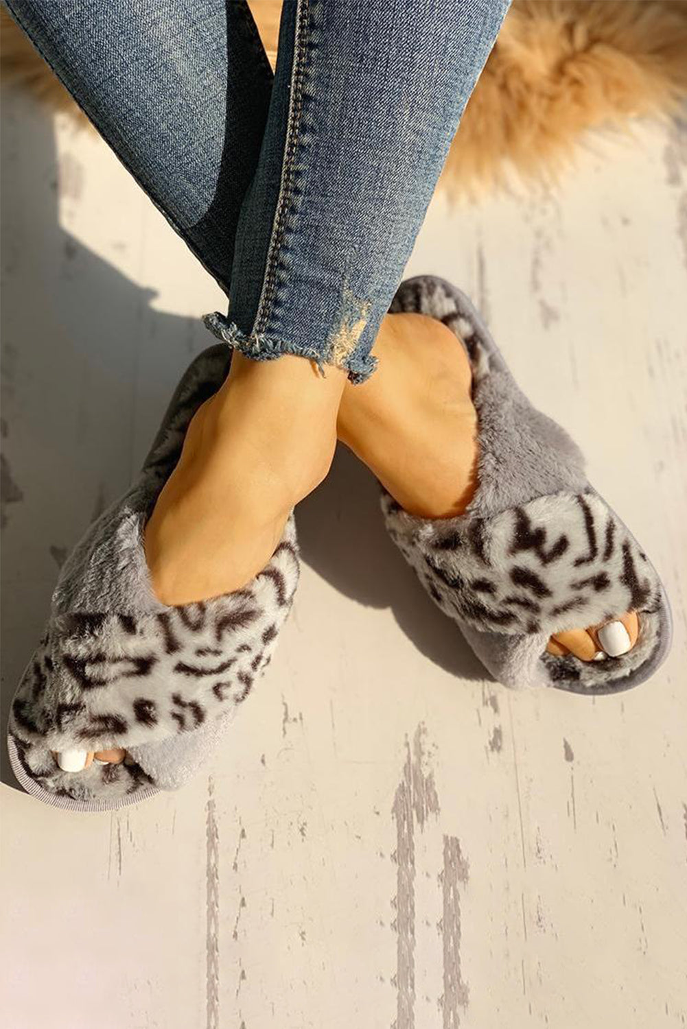 Gray Leopard Crossed Straps Furry Slippers Slippers JT's Designer Fashion