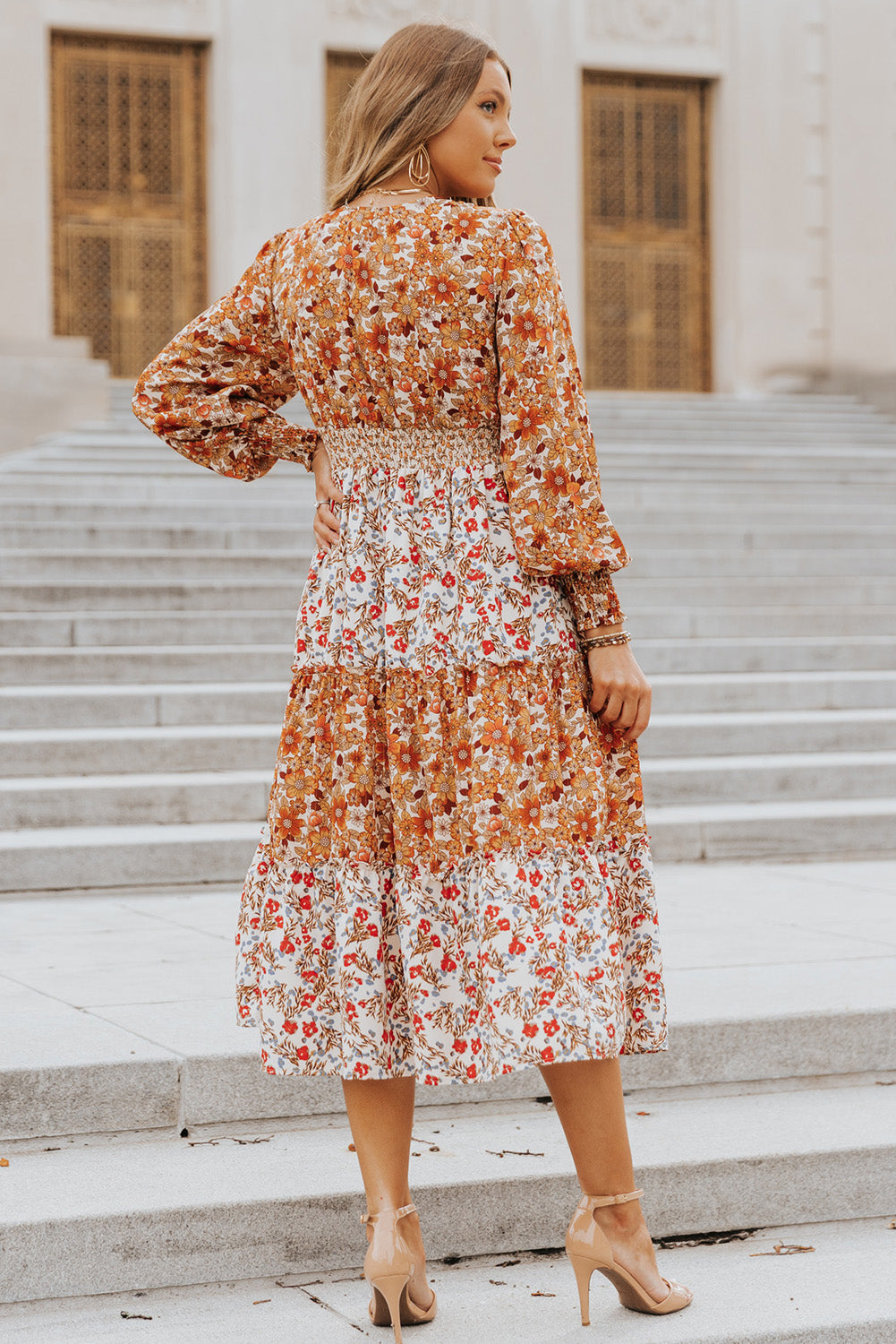 Orange Mix Floral Patchwork Frill Tiered Dress Floral Dresses JT's Designer Fashion