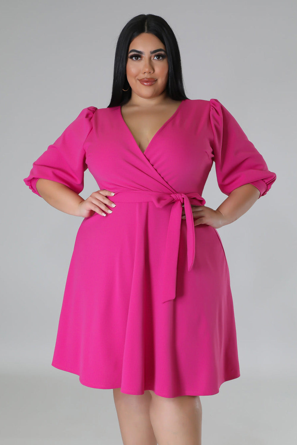 Rose Plus Size V Neck Wrap Puff Sleeve Dress Plus Size JT's Designer Fashion