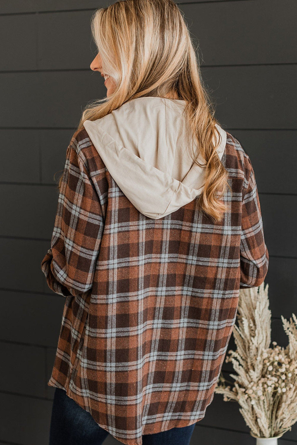 Brown Plus Size Plaid Contrast Hooded Shirt Plus Size JT's Designer Fashion