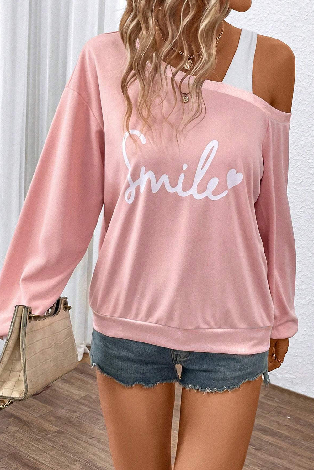 Light Pink Smile Heart Graphic Asymmetrical Long Sleeve Top Pre Order Tops JT's Designer Fashion