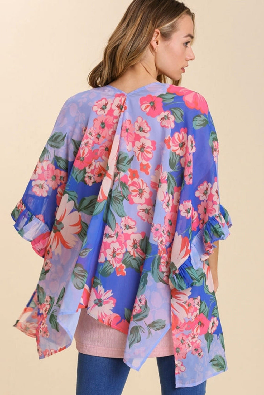 Sky Blue Floral Print Ruffled 3/4 Sleeve Loose Fit Kimono Kimonos JT's Designer Fashion