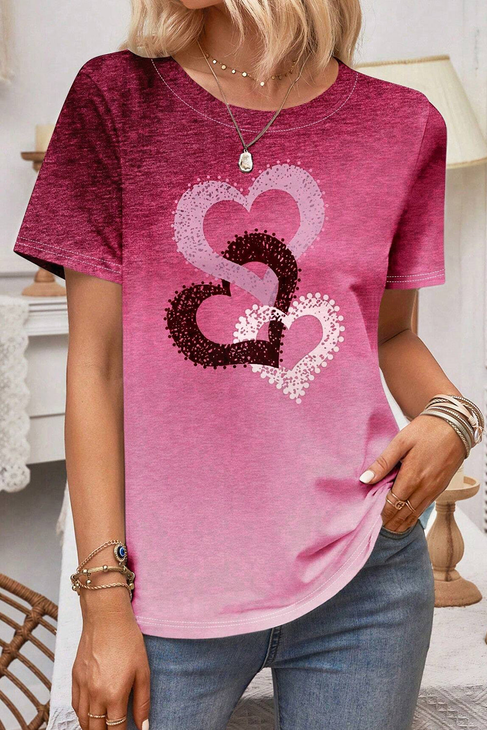 Pitaya Pink Valentine Heart Graphic Casual Gradient Tee Tops & Tees JT's Designer Fashion