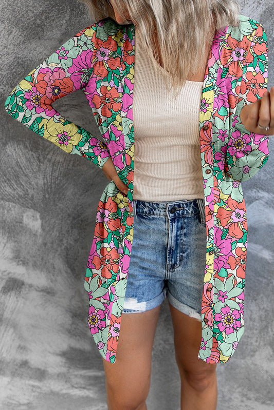 Multicolor Floral Button-Up Long Sleeve Cardigan Outerwear JT's Designer Fashion