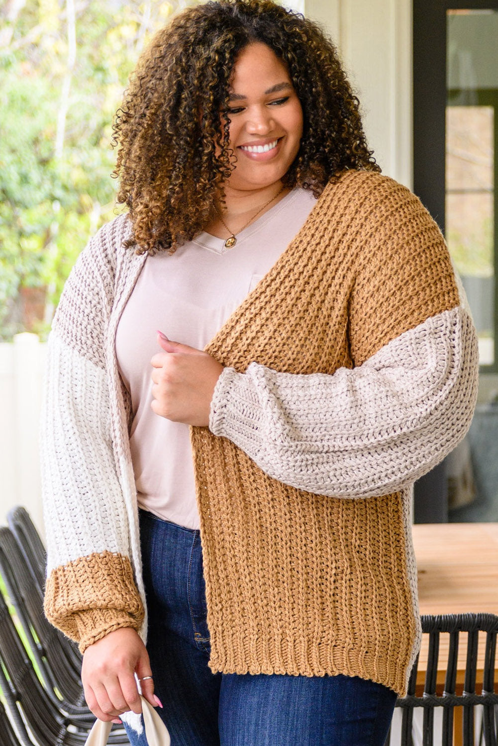 White Color Block Open Front Cable Knit Plus Size Cardigan Plus Size JT's Designer Fashion