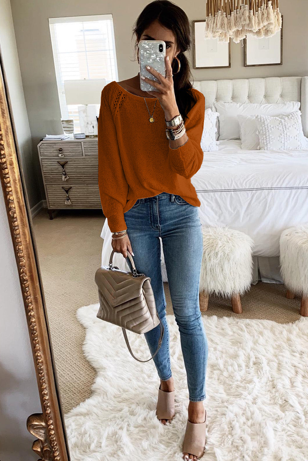 Brown White Long Sleeve Cutout Shoulder Relaxed Sweater Tops & Tees JT's Designer Fashion