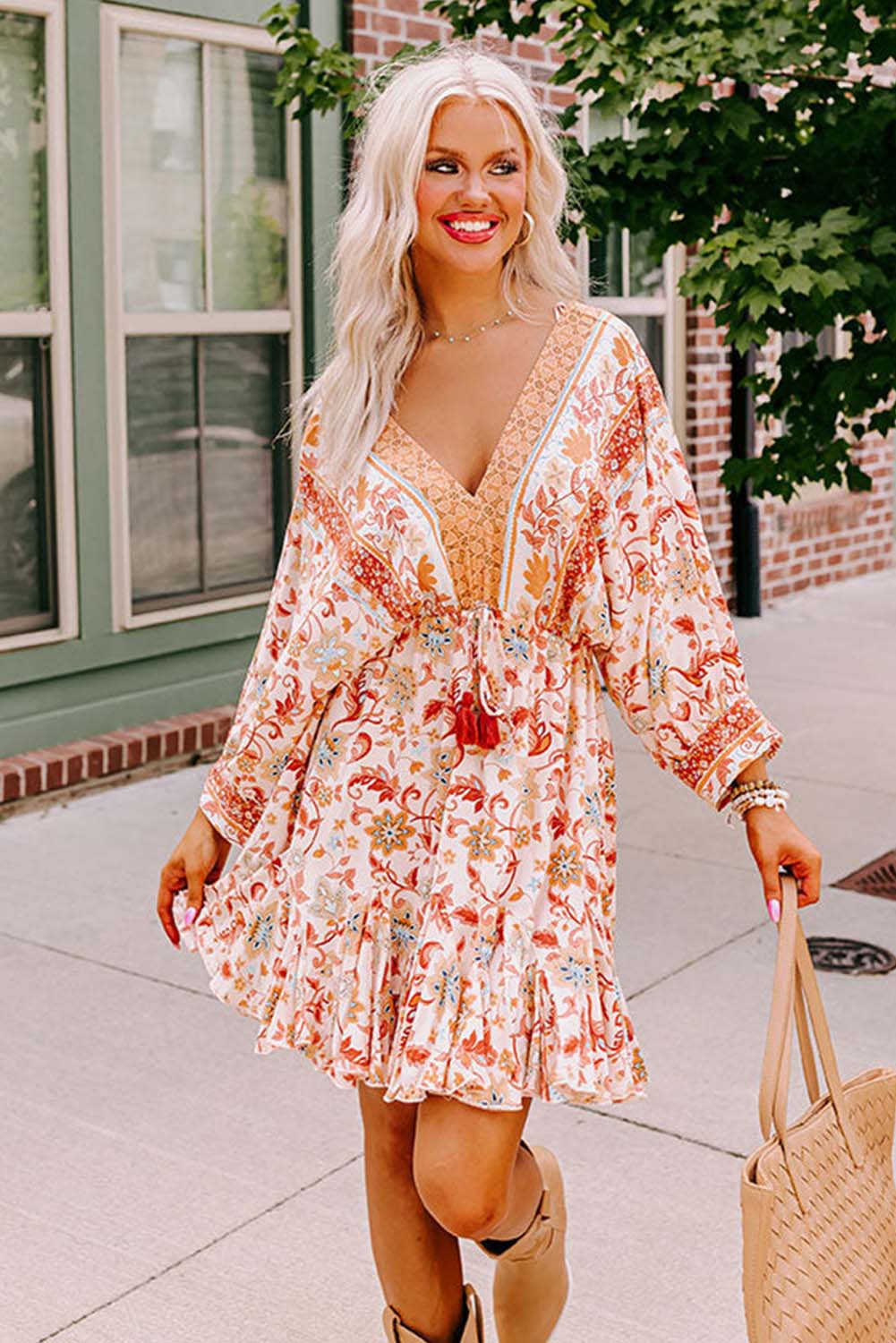 Orange Floral Sexy V Neck Dolman Sleeve Boho Dress Dresses JT's Designer Fashion