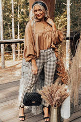 Brown Puff Sleeve Collared Pleated Babydoll Blouse Blouses & Shirts JT's Designer Fashion