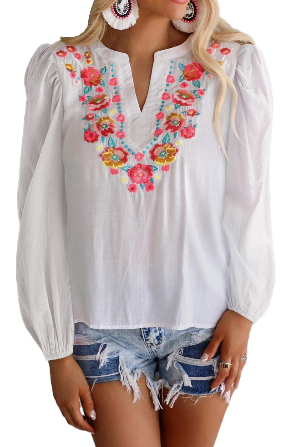 White Floral Embroidered Split V Neck Blouse Tops & Tees JT's Designer Fashion