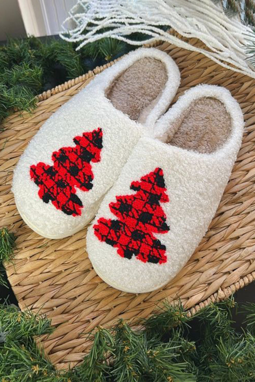 White Fuzzy Tree Pattern Christmas Fashion Home Slippers Slippers JT's Designer Fashion