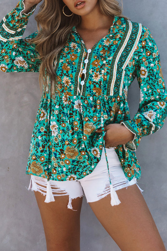 Green Boho Floral Print Peplum Long Sleeve Blouse Blouses & Shirts JT's Designer Fashion