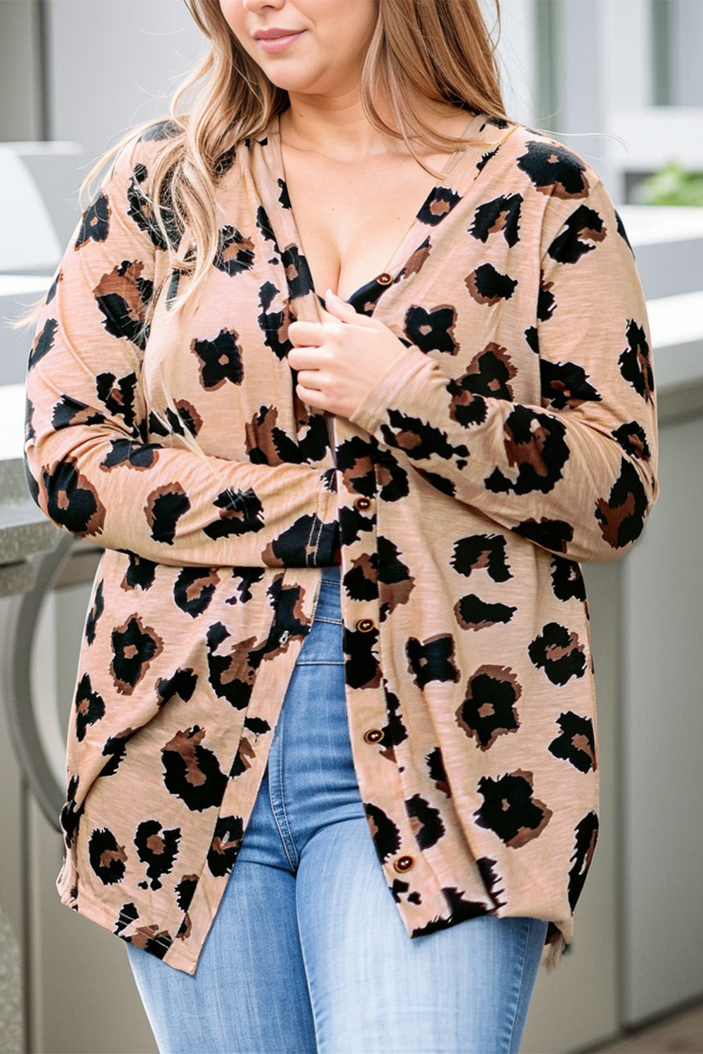 Khaki Printed Plus Size Leopard Print Open Front Cardigan Plus Size JT's Designer Fashion