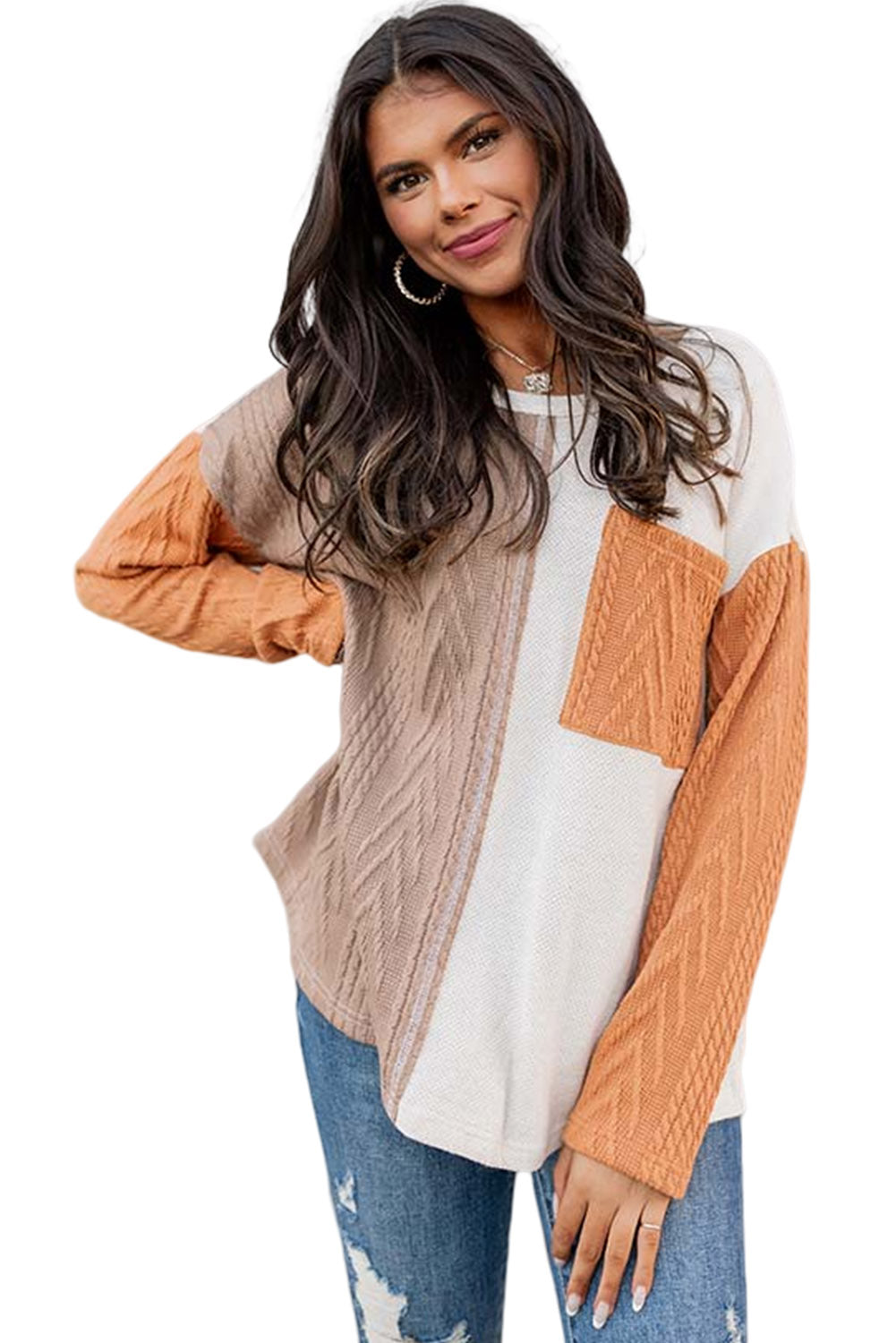 Orange Long Sleeve Colorblock Chest Pocket Textured Knit Top Tops & Tees JT's Designer Fashion