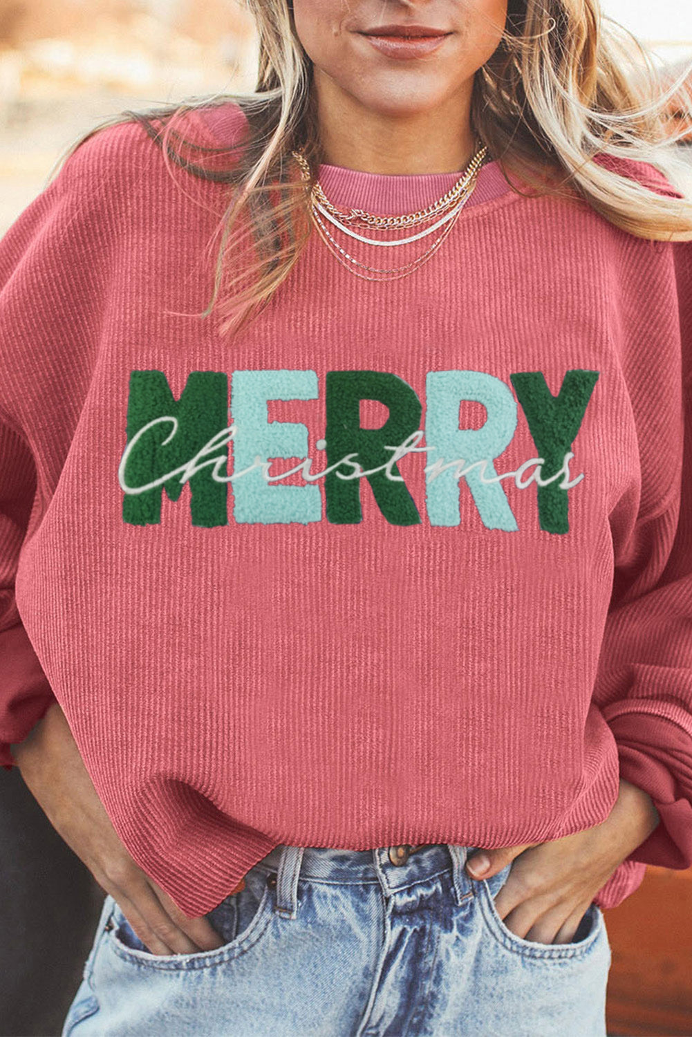 Strawberry Pink MERRY Christmas Corded Pullover Sweatshirt Strawberry Pink 100%Polyester Graphic Sweatshirts JT's Designer Fashion