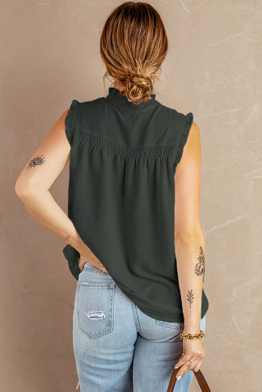 Green Frilled Tank Top with Buttons Tank Tops JT's Designer Fashion