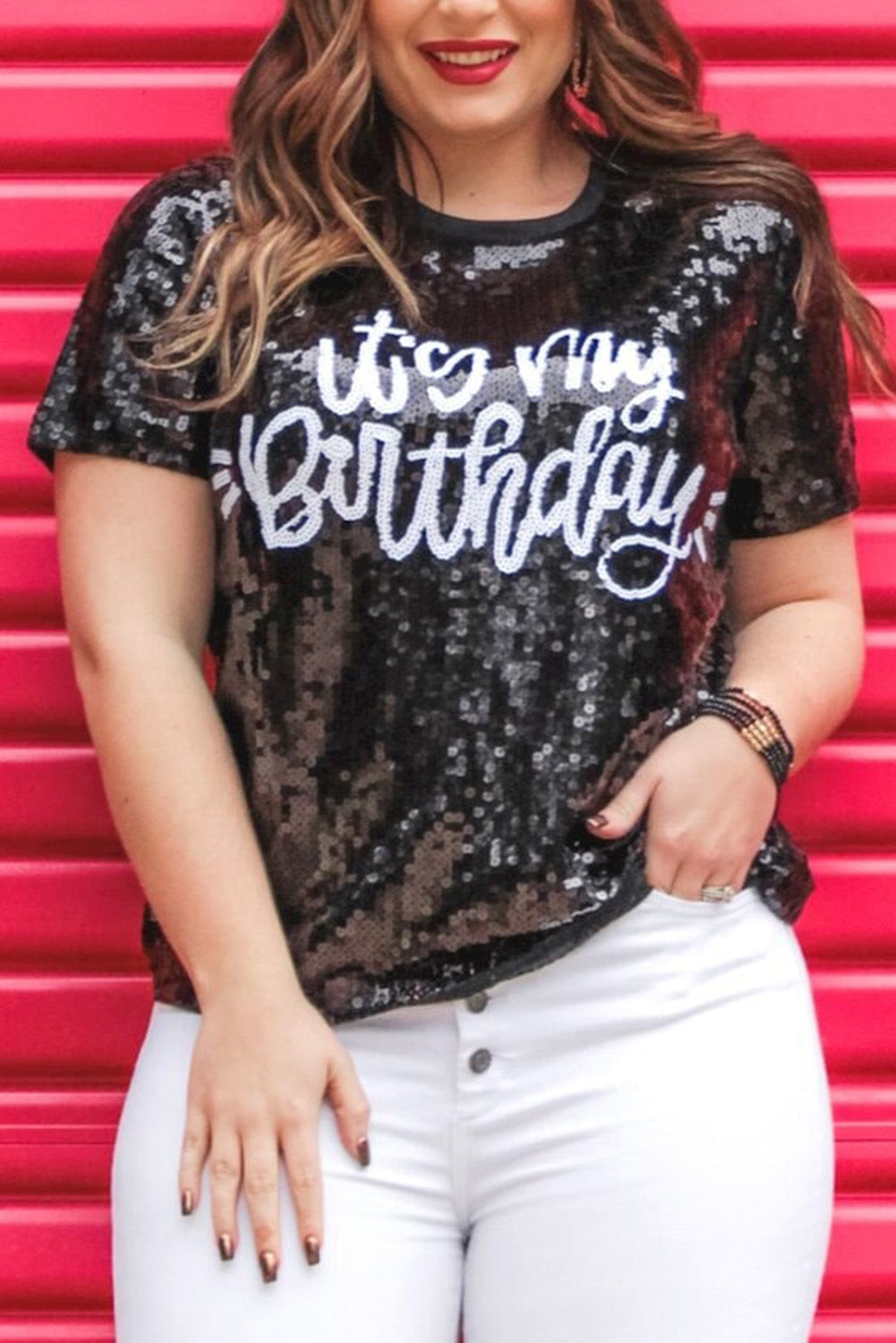 Black Its My Birthday Plus Size Sequin Tee Plus Size JT's Designer Fashion