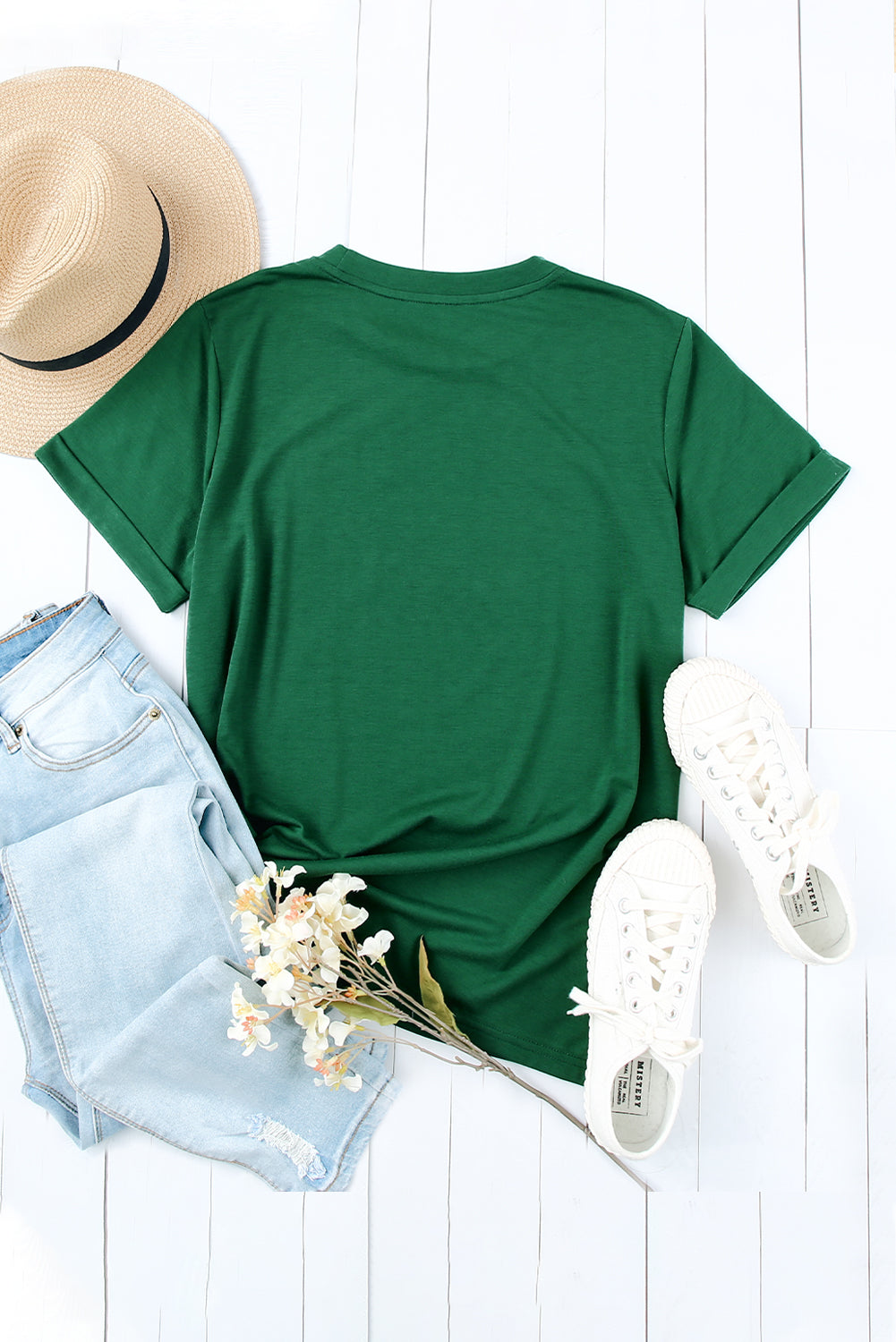 Green Solid Color Crew Neck Tee Tops & Tees JT's Designer Fashion