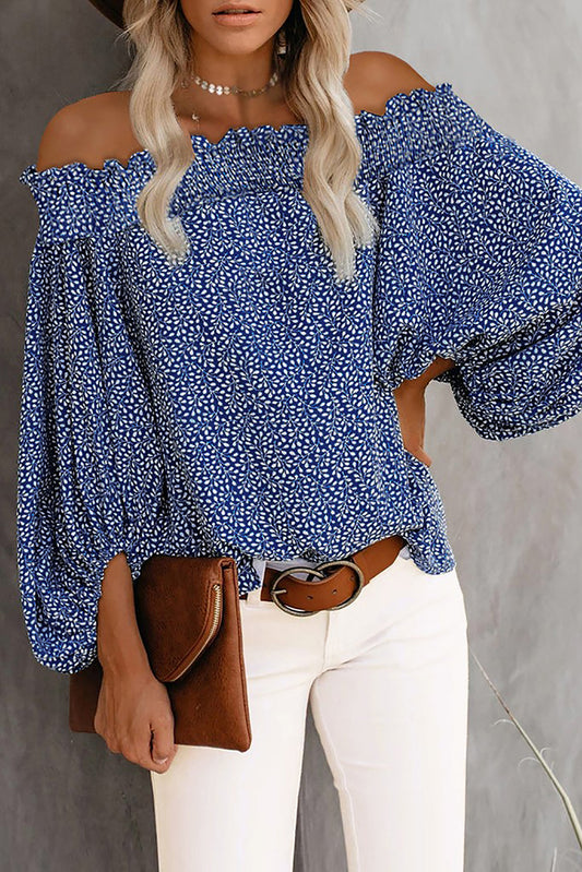 Blue Off Shoulder Floral Print Lantern Sleeve Blouse Blouses & Shirts JT's Designer Fashion