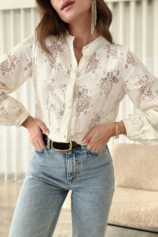 White Floral Lace Long Sleeve Stand Neck Shirt Tops & Tees JT's Designer Fashion