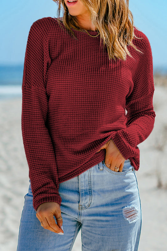 Red Waffle Knit Drop Shoulder Long Sleeve Top Red 95%Polyester+5%Elastane Long Sleeve Tops JT's Designer Fashion