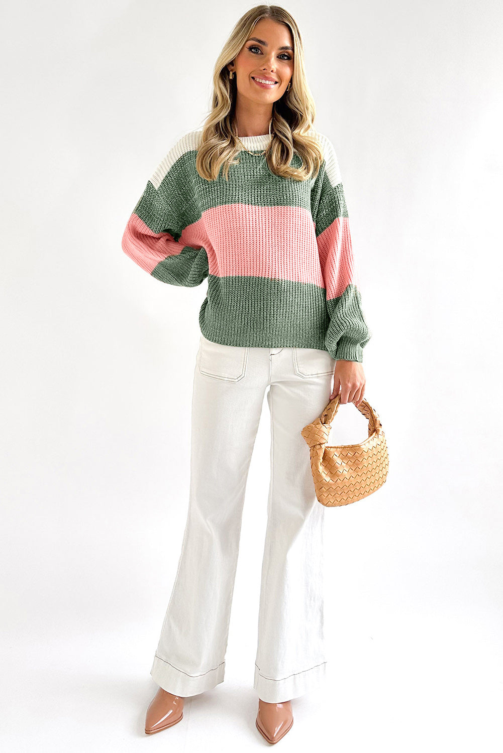 Green-2 Pink Colorblock Drop Shoulder Pullover Loose Sweater Pre Order Sweaters & Cardigans JT's Designer Fashion