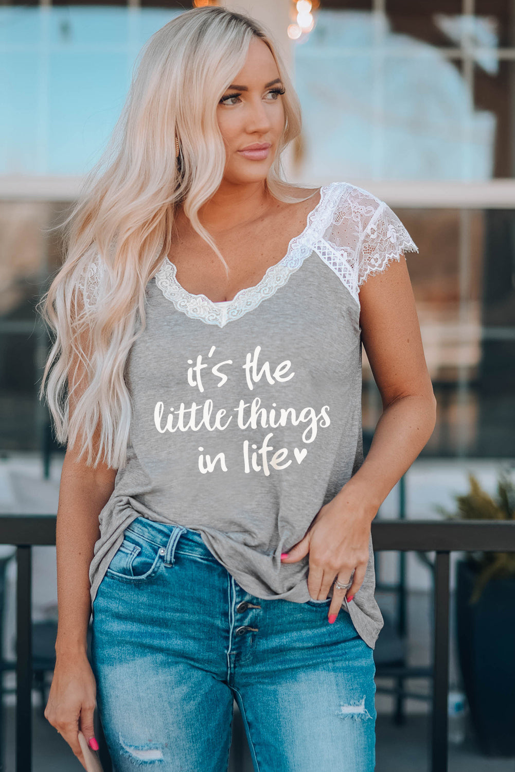 Gray It's The Little Things In Life Lace Patchwork Short Sleeve T Shirt Family T-shirts JT's Designer Fashion