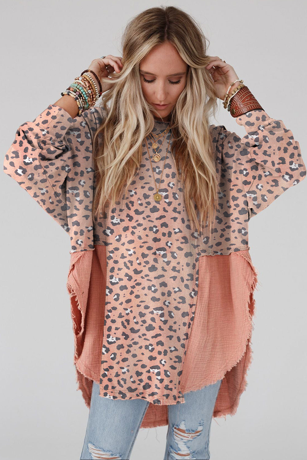 Pink Raw Edge Leopard Patchwork Oversized Blouse Blouses & Shirts JT's Designer Fashion