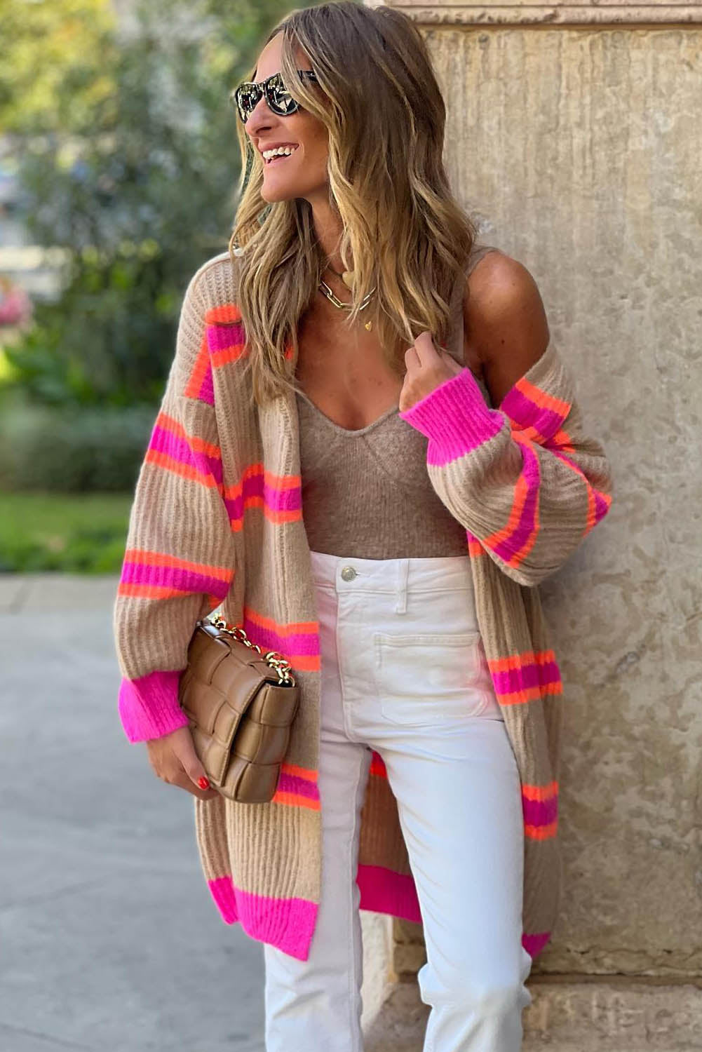 Pink & Cream Stripe Printed Ribbed Long Knitted Cardigan Pre Order Sweaters & Cardigans JT's Designer Fashion