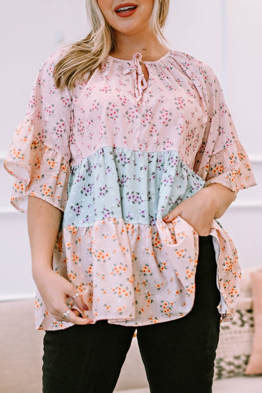 Multicolor Floral Jacquard Color Block Ruffled Plus Size Blouse Plus Size Tops JT's Designer Fashion