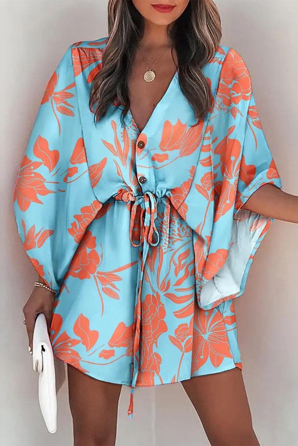 Sky Blue Geometric Print Button Drawstring Batwing Sleeve Dress Mini Dresses JT's Designer Fashion