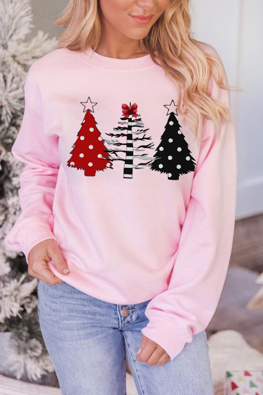 Pink Christmas Tree Graphic Print Pullover Sweatshirt Pink 70%Polyester+30%Cotton Graphic Sweatshirts JT's Designer Fashion